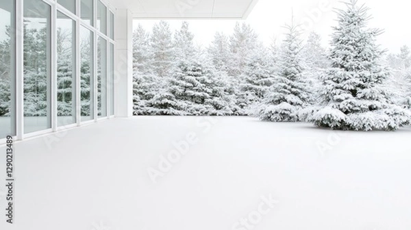Obraz Snowy patio, modern building, winter forest view