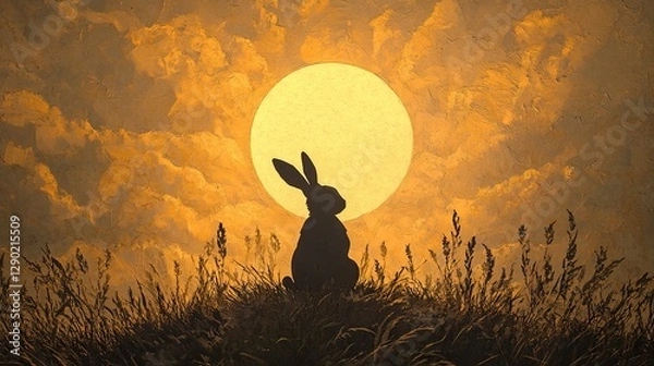 Fototapeta Silhouette of a rabbit in the grass under a bright moon
