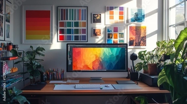Fototapeta Bright and Creative Workspace with Dual Monitors, Colorful Color Swatch Artwork, and Natural Light
