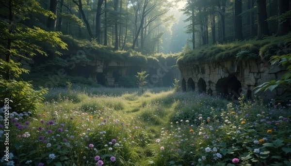 Fototapeta Enchanting Sunlit Meadow Wildflowers Blooming Amidst Ancient Stone Ruins in a Lush Forest