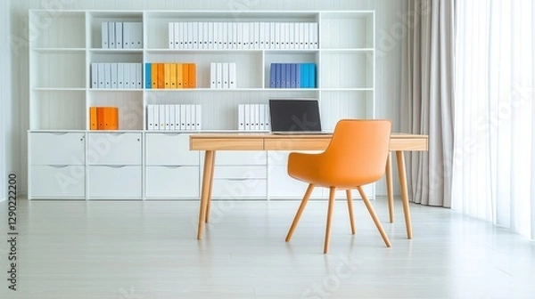Fototapeta Bright Modern Office Workspace Designed For Online Presentations In Minimalist Style, Clean And Professional Atmosphere