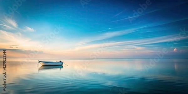 Fototapeta Scenic Minimalist View of the Sea with a Boat in Foreground - Perfect Copy Space for Text or Design, Tranquil Ocean Landscape, Serene Waterscape, Ideal for Marketing and Creative Projects