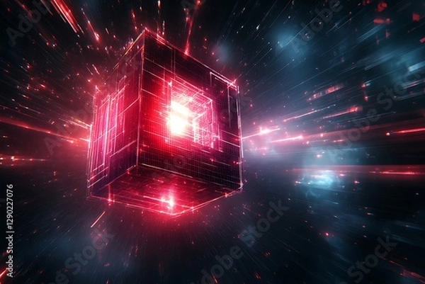 Obraz Futuristic glowing cube in a cosmic space, emitting light trails and energy bursts, creating a dynamic scene