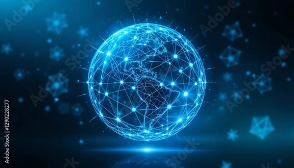 Fototapeta A blue digital globe with connected dots representing network concepts