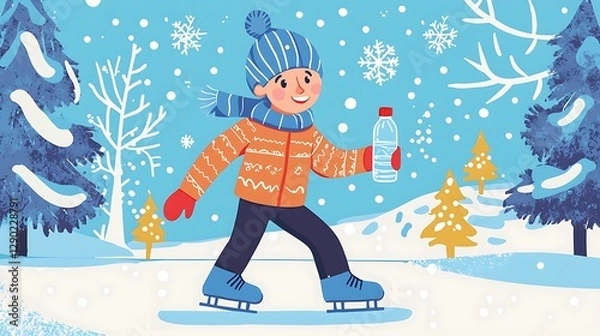 Fototapeta Child Ice Skating in Winter Wonderland with Water Bottle.