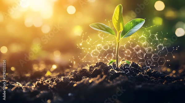 Fototapeta Sprouting green plant with futuristic digital designs, symbolizing the harmony of nature and advanced technology