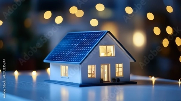 Fototapeta A charming house model with solar panels, glowing sun, and soft colors. Emphasizes sustainable living, modern technology, and cozy, inviting home vibes