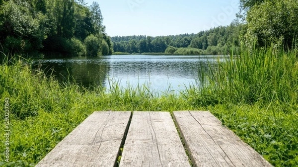 Obraz Wooden picnic table by tranquil lake, summer forest background, relaxation