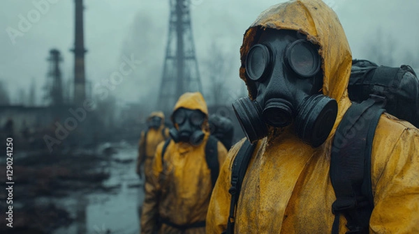 Fototapeta Industrial workers wearing gas masks, standing in a heavily polluted factory zone
