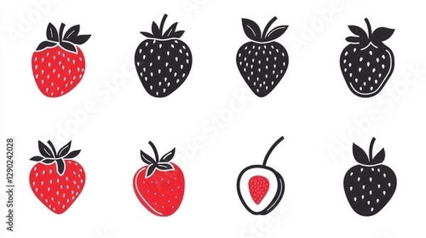 Fototapeta Red And Black Strawberry Fruit Icons, Isolated On White, Possible Use For Design