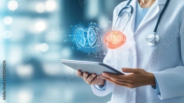Fototapeta Doctor in a white coat using a tablet with AI-generated holographic images of a brain and kidneys, representing advanced medical technology and diagnostics in healthcare.