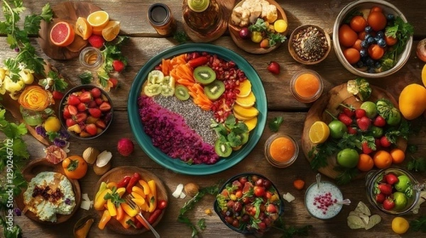 Fototapeta Colorful assortment of fresh fruits, vegetables, and plant-based dishes arranged on a rustic wooden table, showcasing healthy eating and organic food choices.