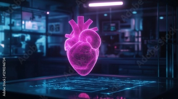 Fototapeta Glowing pink holographic heart is displayed above a futuristic digital interface in a high-tech medical research lab, symbolizing advancements in healthcare, AI, and biomedical innovation.