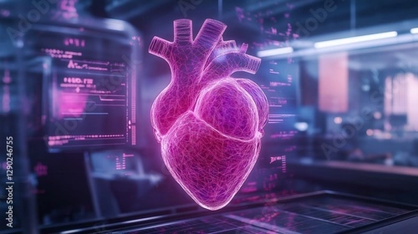 Fototapeta Glowing pink holographic heart projection in a futuristic medical lab, showcasing advancements in AI, digital healthcare, and biomedical research for cardiology and diagnostics.