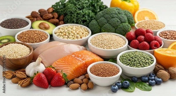 Obraz Fresh kitchen ingredients arranged to showcase a healthy food arrangement, emphasizing balanced nutrition from diverse food groups