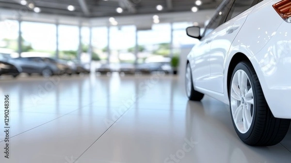 Fototapeta White car parked in a modern showroom with blurred background showcasing other vehicles