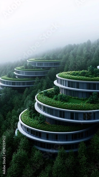 Fototapeta a utopian city built entirely on renewable energy, organic-shaped skyscrapers covered in living greenery, self-sufficient floating farms, a harmonious balance between human innovation and the