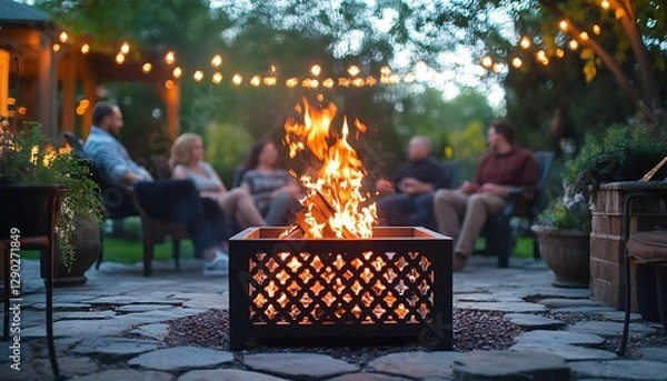Obraz Friends gather 'round fire pit, backyard