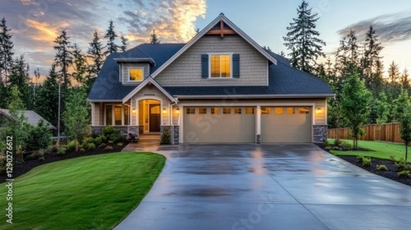 Fototapeta An inviting suburban home with a garage and a long, well-paved driveway leading to the entrance