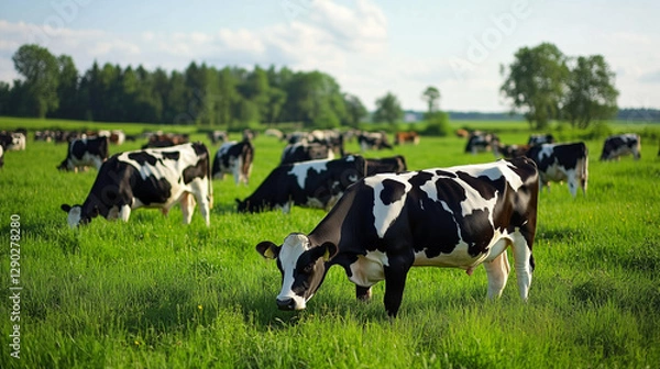 Fototapeta A herd of black and white cows graze in a vibrant green field