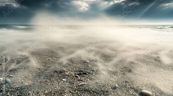 Obraz Serene Ocean Waves Gently Lapping Against Textured Sandy Shore Under Dramatic Cloudy Sky