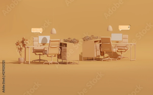 Obraz Minimal Office Desk with bubble talk in Pastel orange brown Trend color 2025. Stylish Workplace, Teamwork. Mockup Template, 3D Rendering.