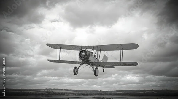 Fototapeta Vintage biplane in flight over countryside