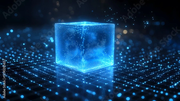 Fototapeta Blue glowing cube surrounded by a particle grid