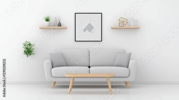 Fototapeta A living room with white walls, a light gray sofa, a wooden coffee table, and black and white art prints, reflecting a minimalist Scandinavian aesthetic.