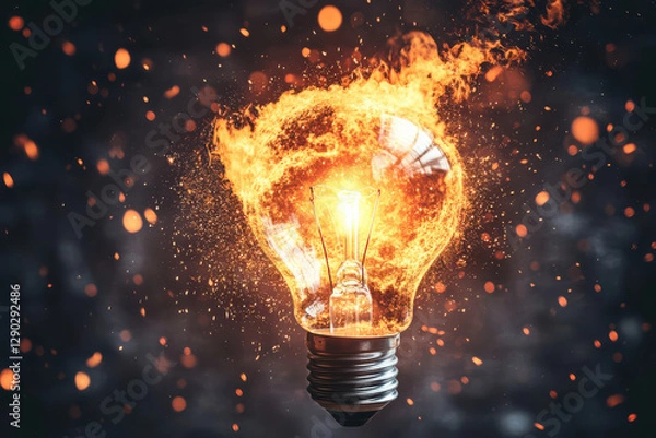 Fototapeta light bulb engulfed in flames symbolizes energy and creativity, with sparks flying around