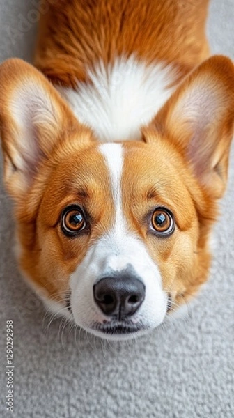 Fototapeta Curious dog looking up at the camera with bright eyes and an engaging expression capturing its playful spirit