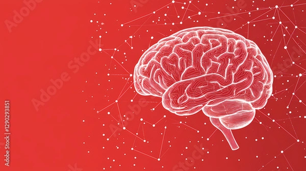 Fototapeta White brain outline with network of lines on red background