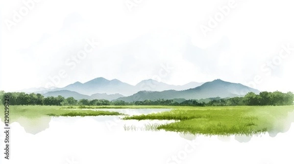 Obraz Watercolor landscape of a tranquil lake and mountains