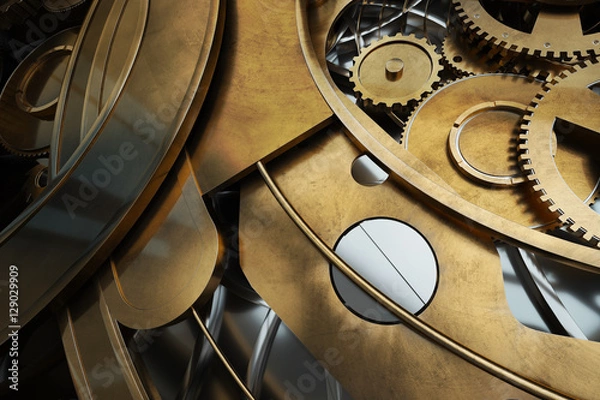 Fototapeta Abstaract 3d rendering illustration of watches with gears. Old looking metal with silver and glass elements. Detailed structures.