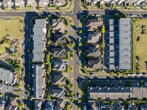 Fototapeta High-angle view of a residential neighborhood. Modern homes and townhouses, various architectural styles. Ideal for real estate or urban planning. STONEFIELDS, AUCKLAND, NZ