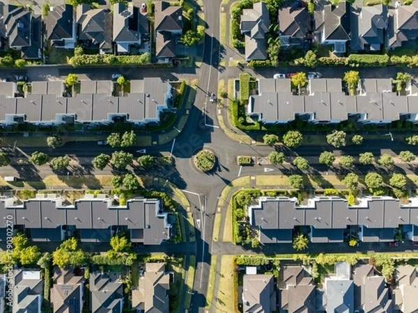 Fototapeta High-angle view of a residential neighborhood with townhouses and homes. Circular traffic roundabout. Urban planning. STONEFIELDS, AUCKLAND, NZ