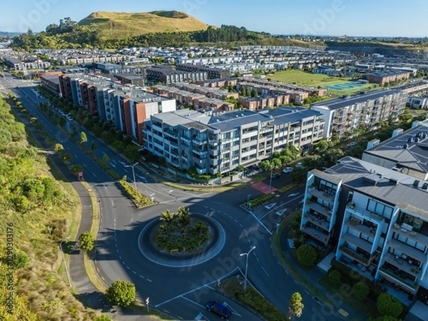 Fototapeta Aerial view of modern apartment complex, roundabout, and residential neighborhood. Urban development in a city setting. ST JOHNS, AUCKLAND, NZ