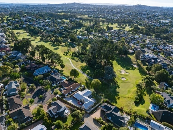 Fototapeta Aerial view of a residential neighborhood bordering a golf course. Homes and lush green spaces blend seamlessly. ST JOHNS, AUCKLAND, NZ
