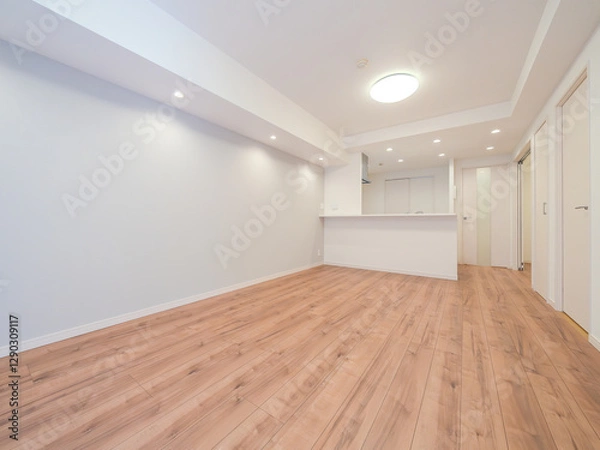 Obraz シンプルで開放的なリビング｜木目フローリングと白い壁の調和