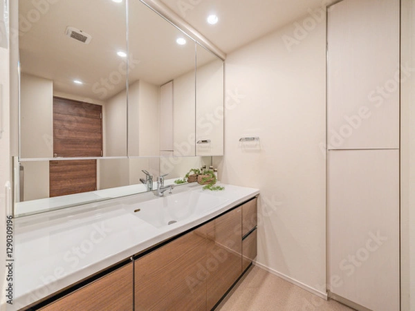 Obraz 清潔感のある洗面台と収納スペース