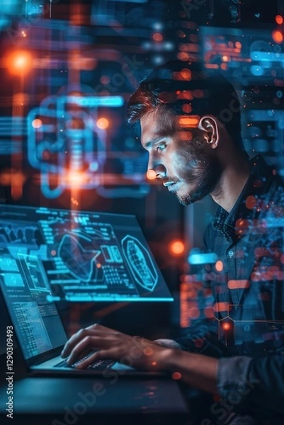 Obraz Businessman using laptop to access artificial intelligence, Ai, closeup shot