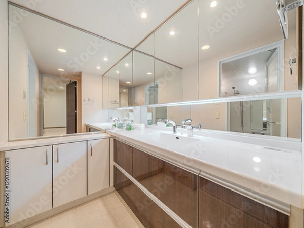 Obraz モダンな洗面所のインテリア｜広々としたミラーキャビネットと収納