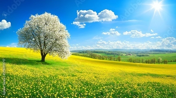 Obraz Single White Blossom Tree in a Yellow Flower Field Under a Sunny Sky