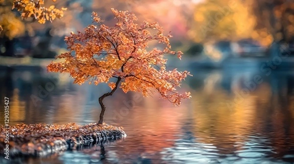 Obraz Small Orange Tree Reflecting in Calm Water During Autumn