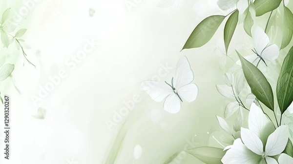Obraz Soft Green and White Floral Background with Butterflies