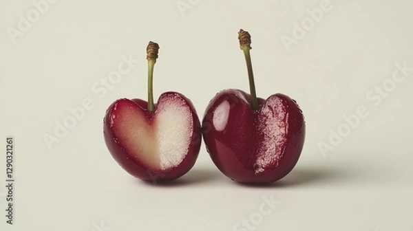 Obraz Isolated sweet cherries. Two cherry fruit, one cut in half with pit isolated on white background