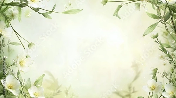 Obraz Soft White Flowers and Green Leaves Frame on Pastel Background