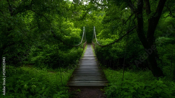 Fototapeta Rustic Wooden Suspension Bridge in a Lush Green Forest