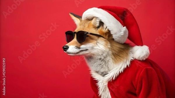 Obraz Cool Fox in Santa Outfit: A fox dressed in Santa Claus attire and sunglasses with a red background