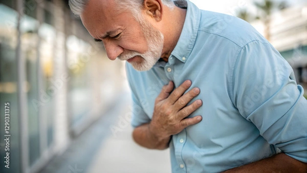 Fototapeta Man having heart attack holds hand over heart area